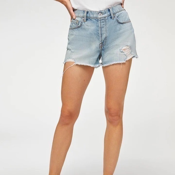 7 For All Mankind Pants - 7 For All Mankind Monroe High Rise Cut Off Distressed Denim Blue Jean Shorts 23